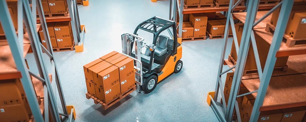 Warehouse aisles with racked cargo