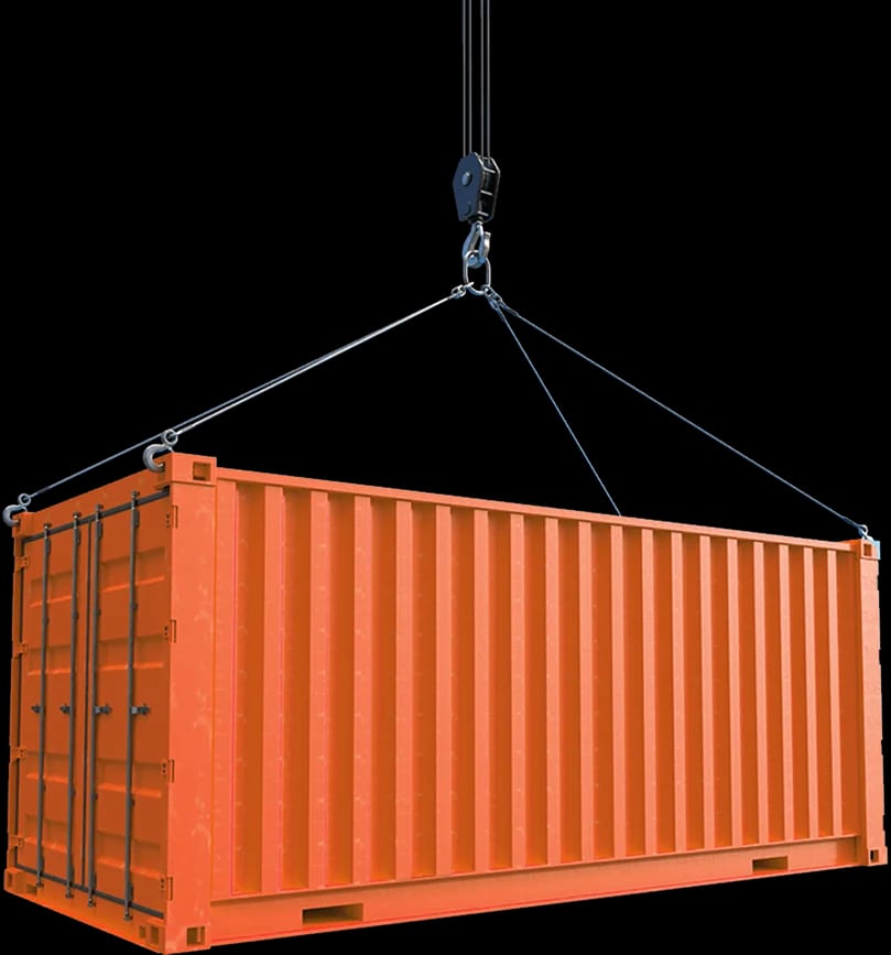 Shipping container suspended from a crane hook during loading