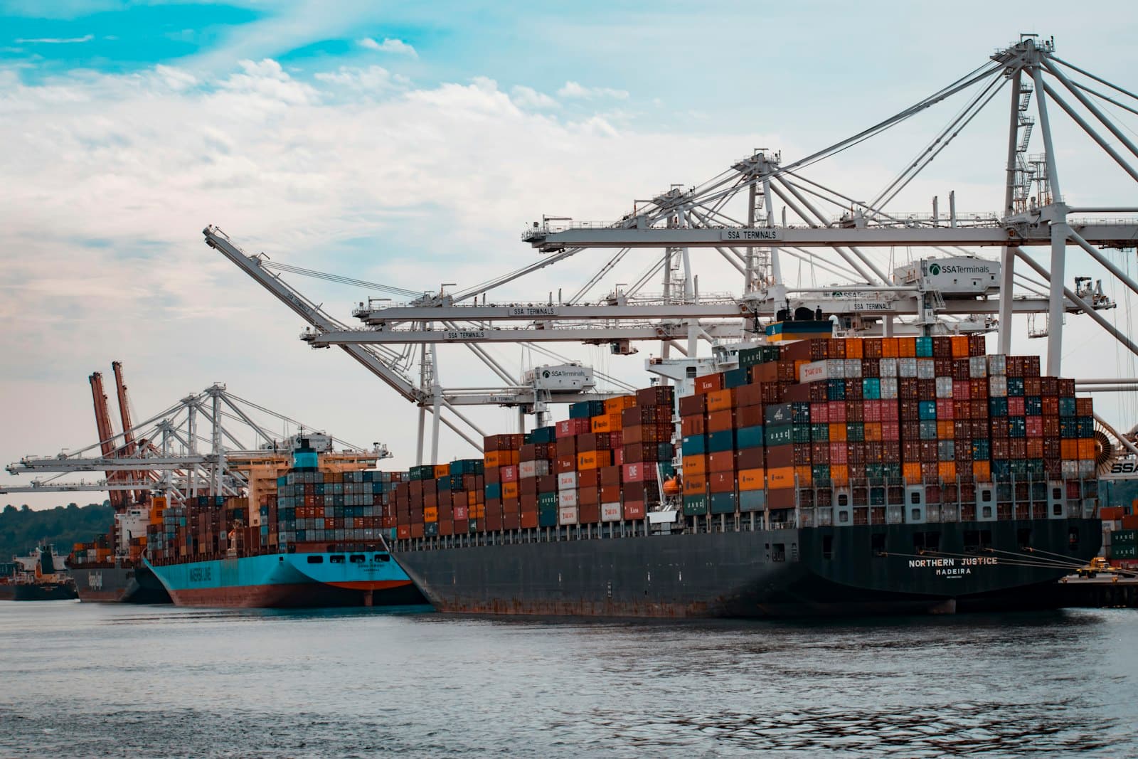 Container vessels worked by gantry cranes at berth
